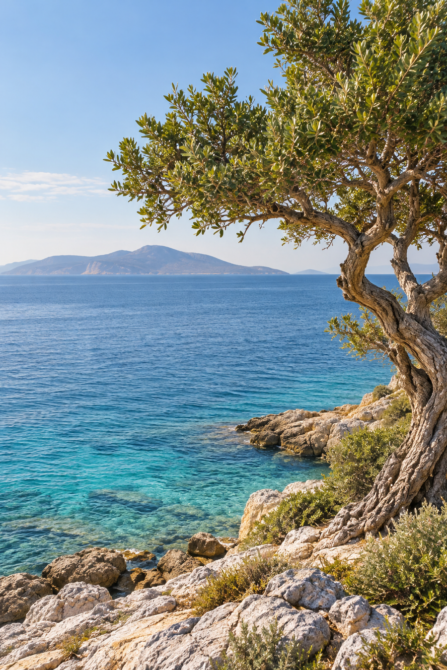 Sea with a mastic tree in the foreground