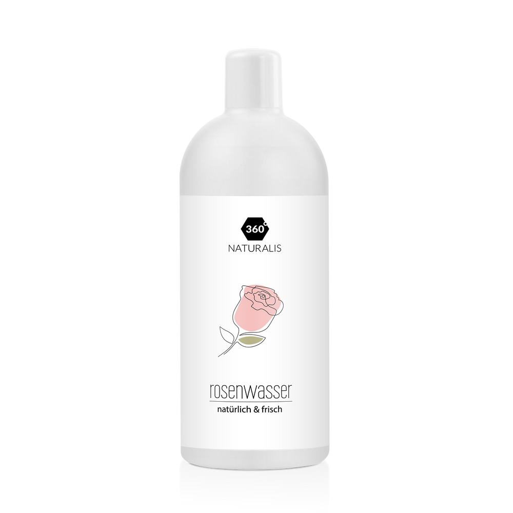 360Naturalis rose water in a white bottle with a rose illustration